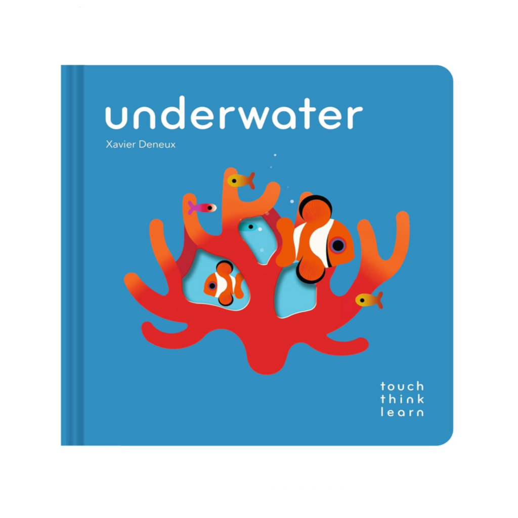 Book cover of 'underwater' by Xavier Deneux with colorful coral and fish illustration on a blue background.
