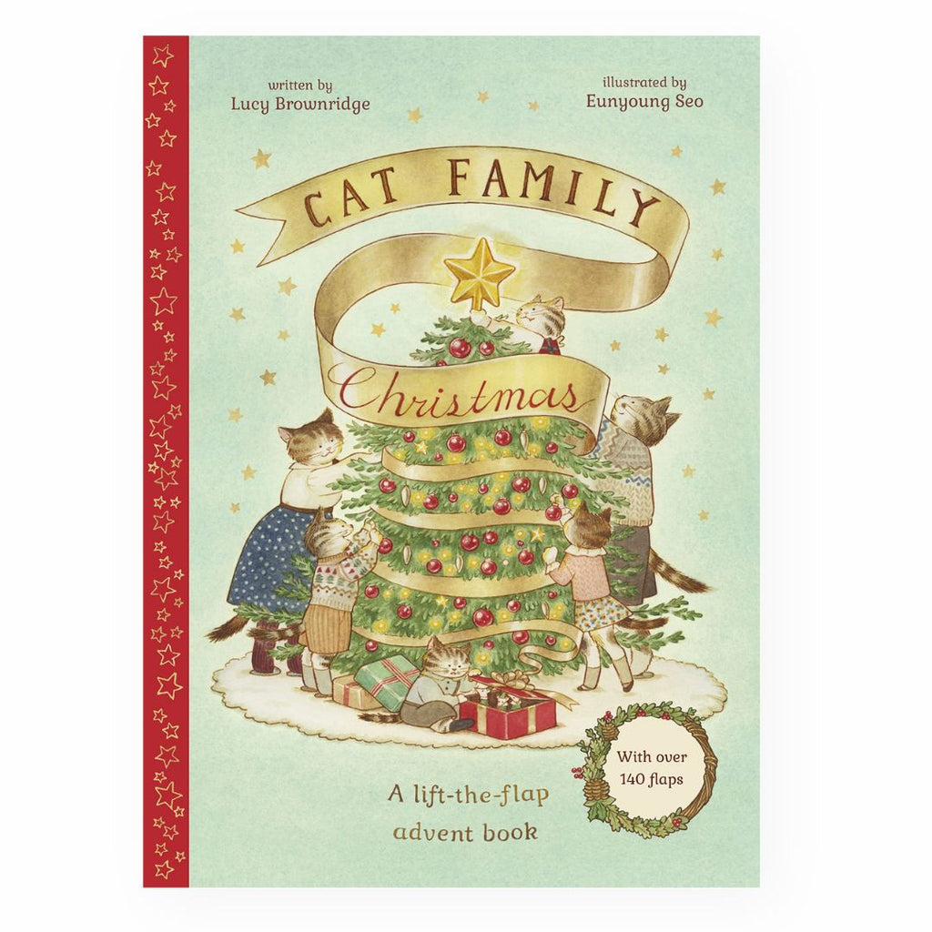 Book cover of 'Cat Family Christmas' with cats around a Christmas tree on a light green background.