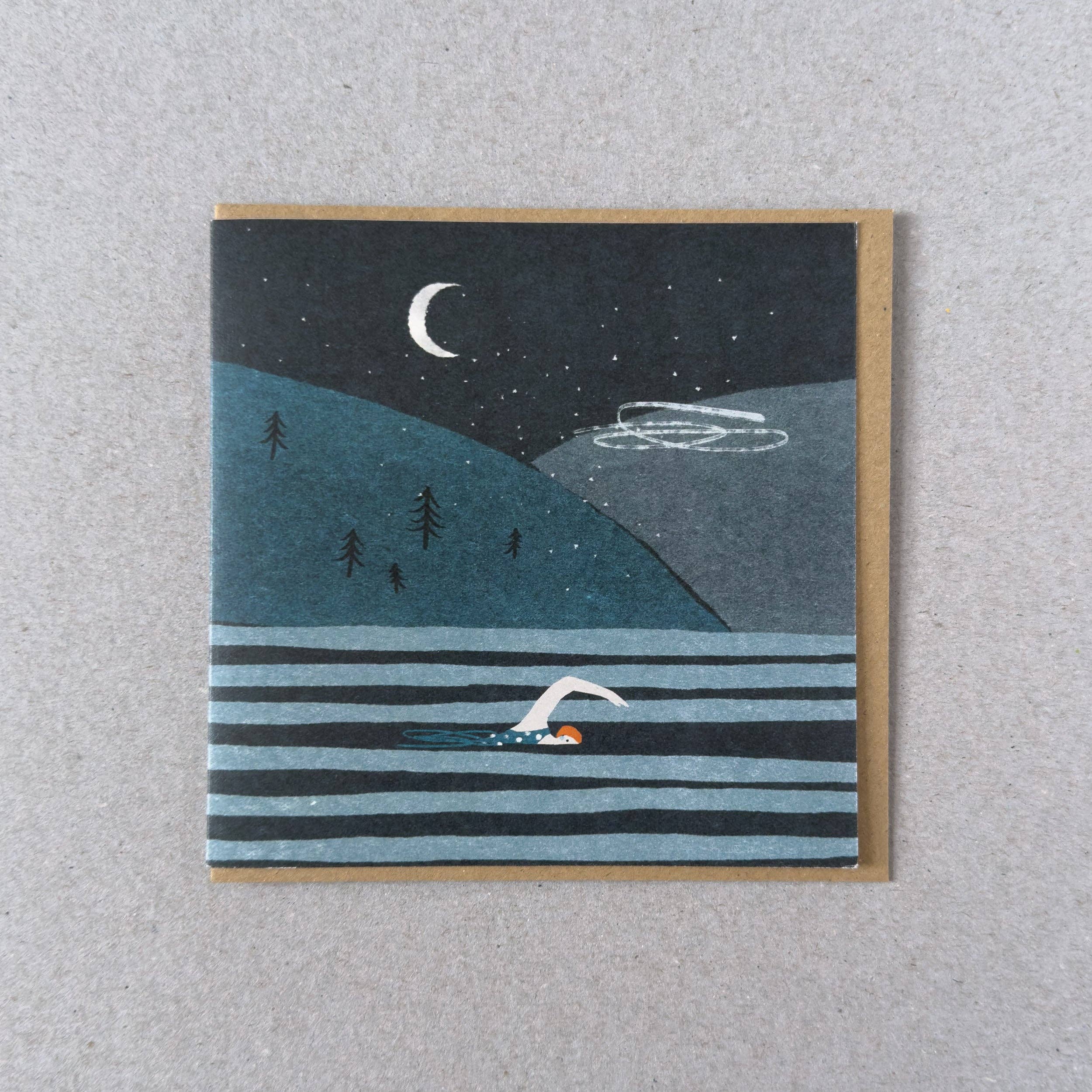 oldfield design - night swimming greetings card - winter's moon