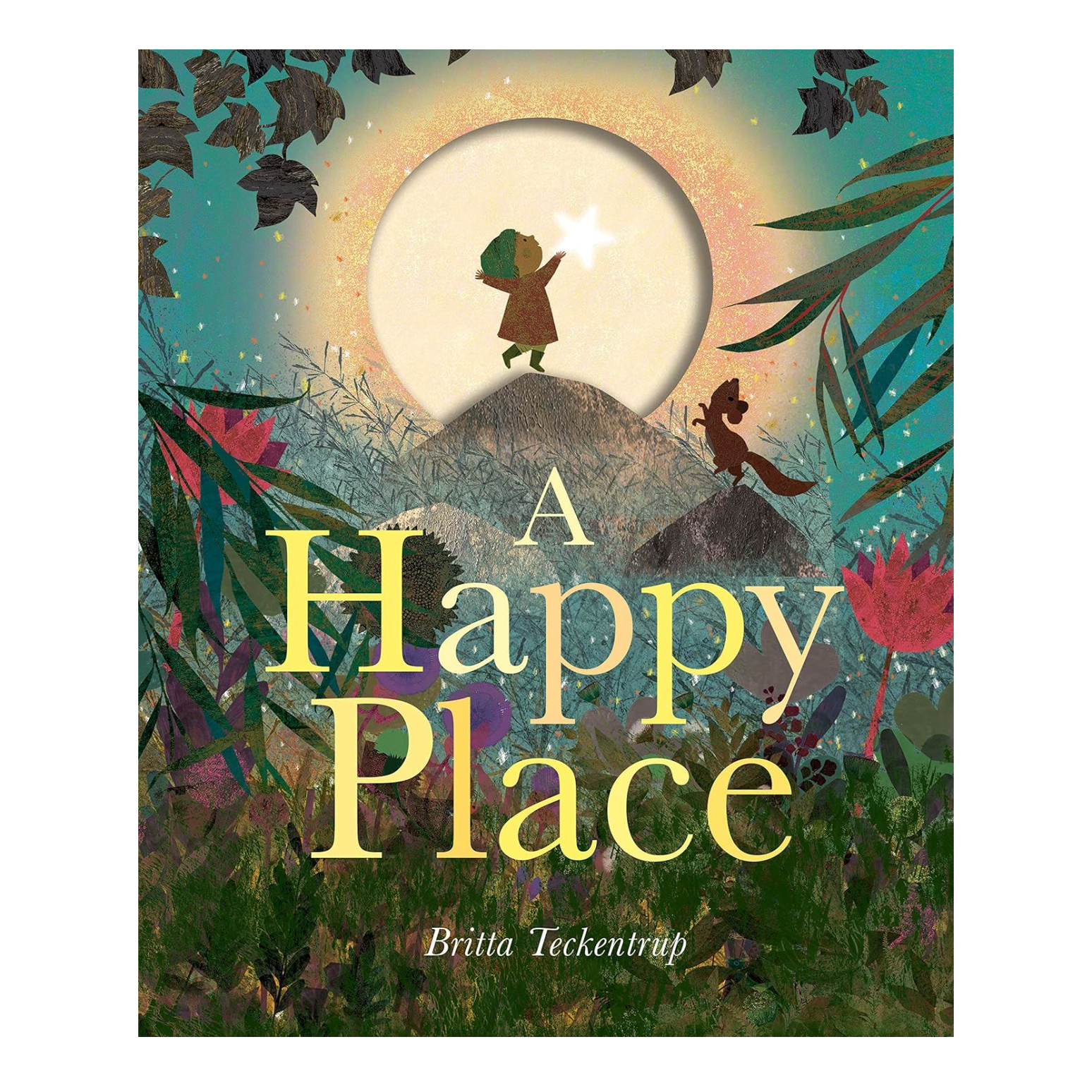 Book cover of 'A Happy Place' with two children and a glowing moon.