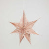 Star-shaped decorative hanging ornament with red grid pattern on a light gray background