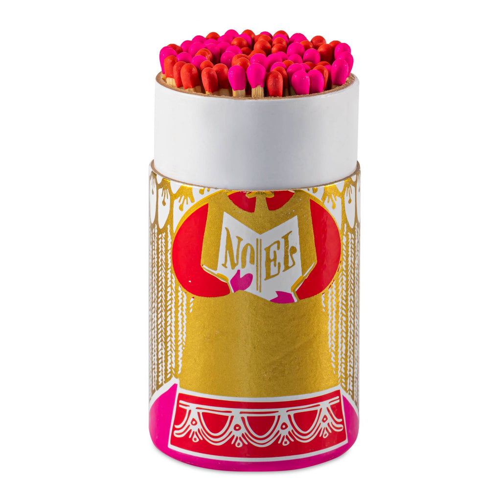 Matches with pink and red matchsticks in a decorative canister on a white background