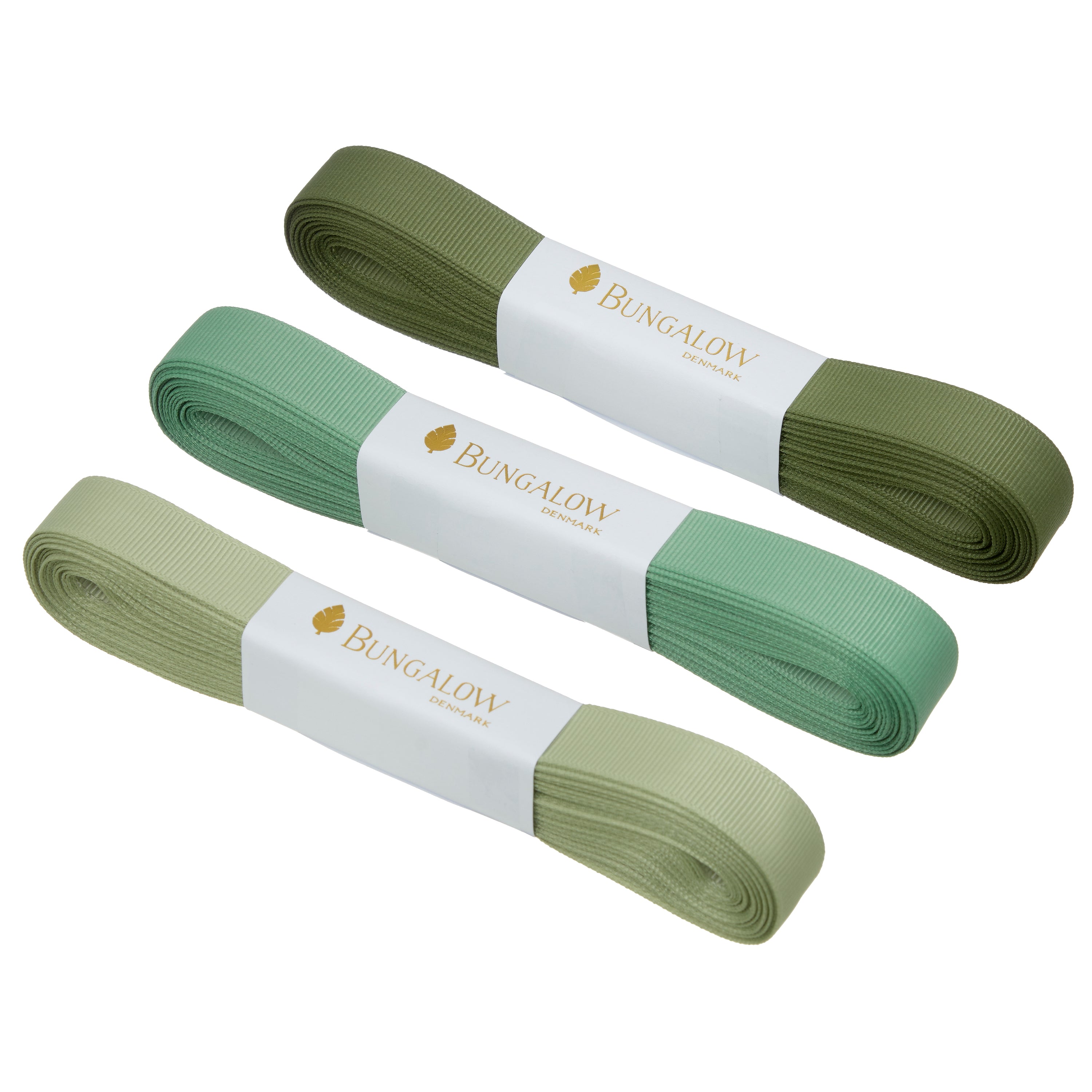 bungalow denmark - trio of green ribbons on white background - winter's moon