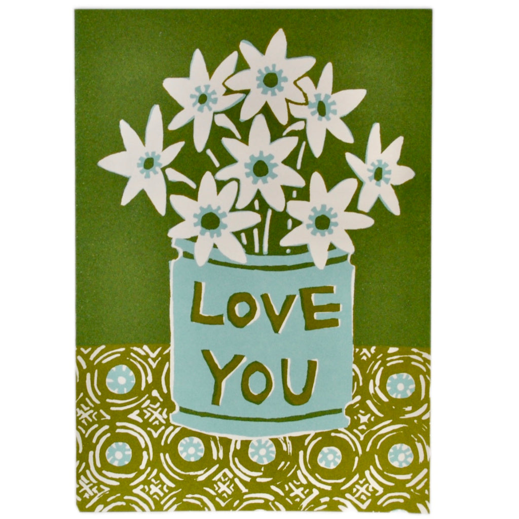 Green greetings card from Cambridge Imprint, featuring a vase of flowers and the message 'Love you'