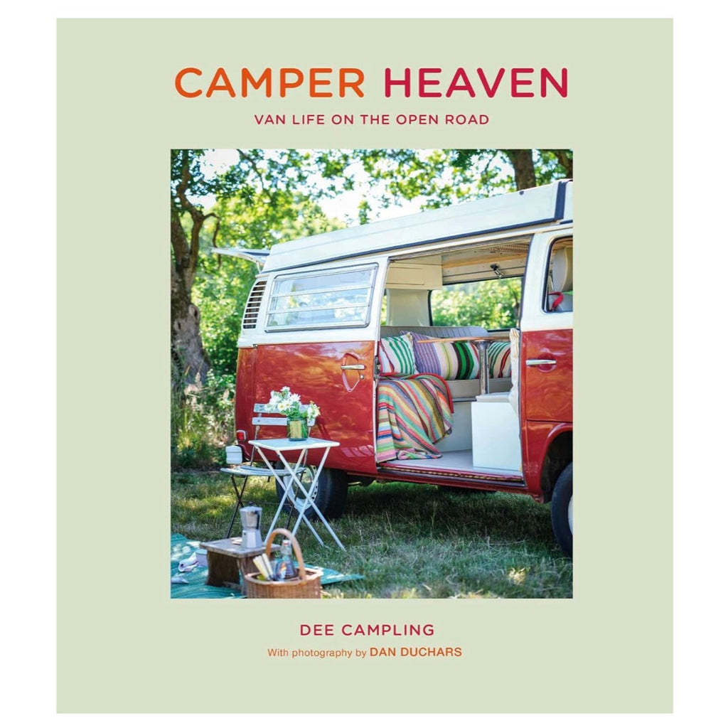 Book cover of 'Camper Heaven' with a van and outdoor setup on a light green background
