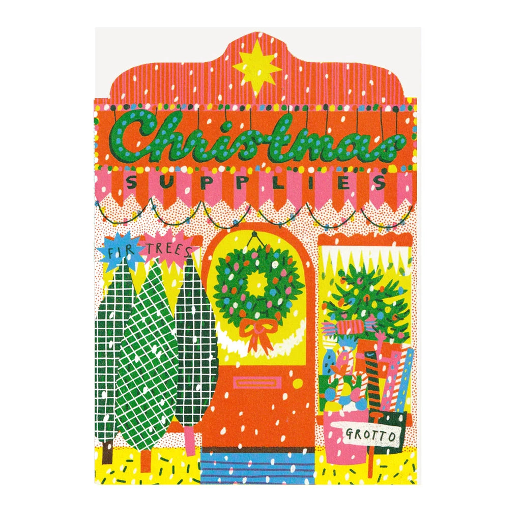 Colourful illustration of a Christmas shopfront with Christmas supplies.