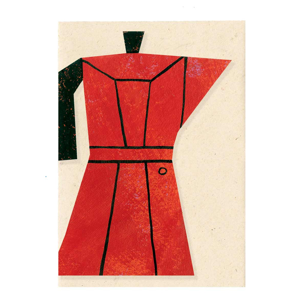 Die-cut red coffee pot or moka pot shaped card, created from a painting by Mortlake Papers. 