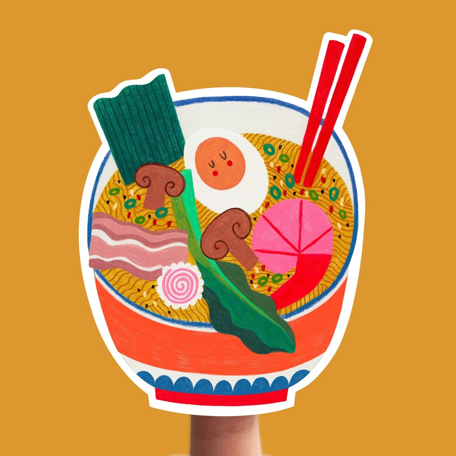 daria solak illustrations - colourful ramen sticker on yellow background - winter's moon