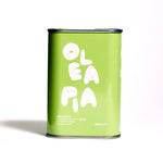 olea pia - tin of extra virgin olive oil on white background - winter's moon
