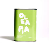 olea pia - tin of extra virgin olive oil on white background - winter's moon