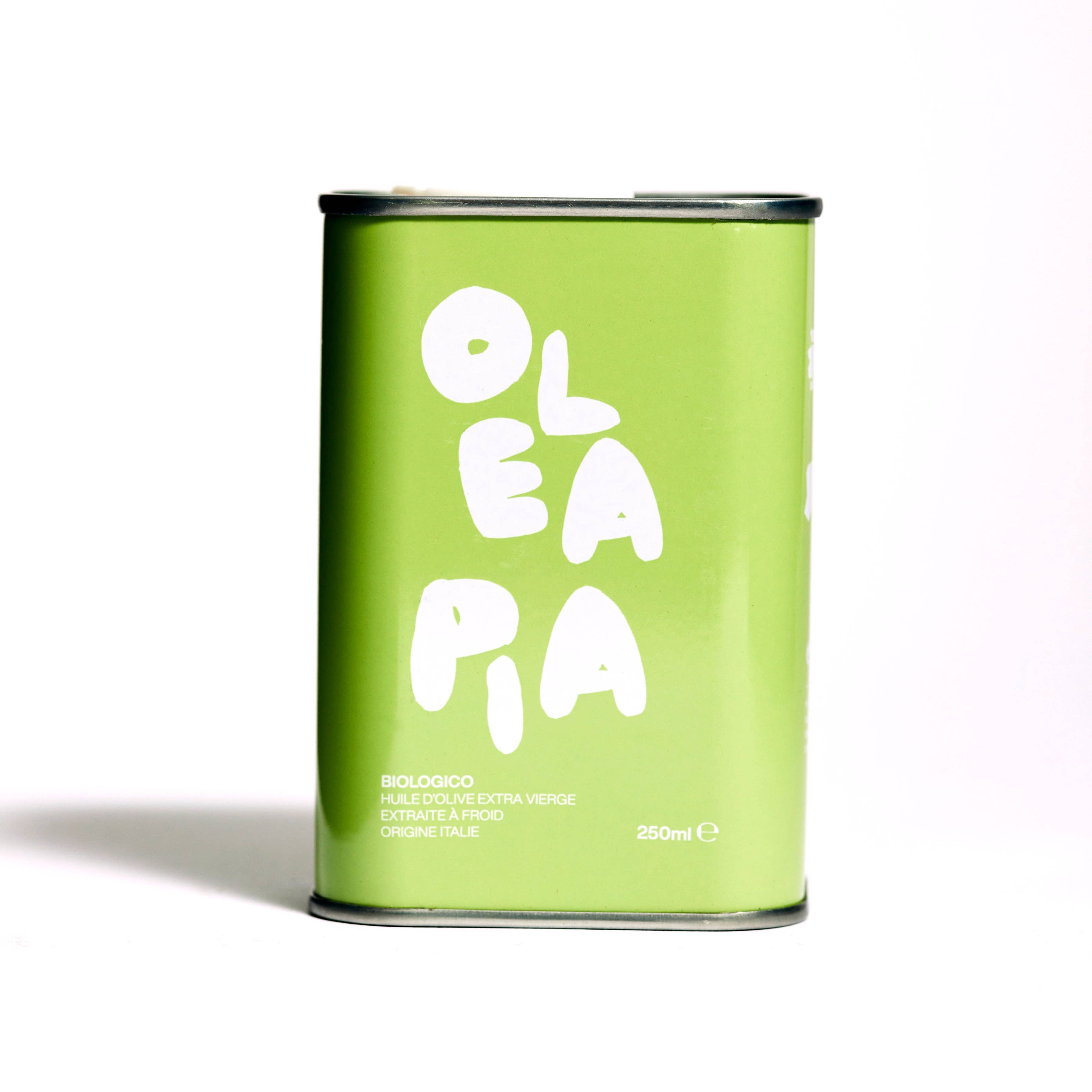 olea pia - tin of extra virgin olive oil on white background - winter's moon
