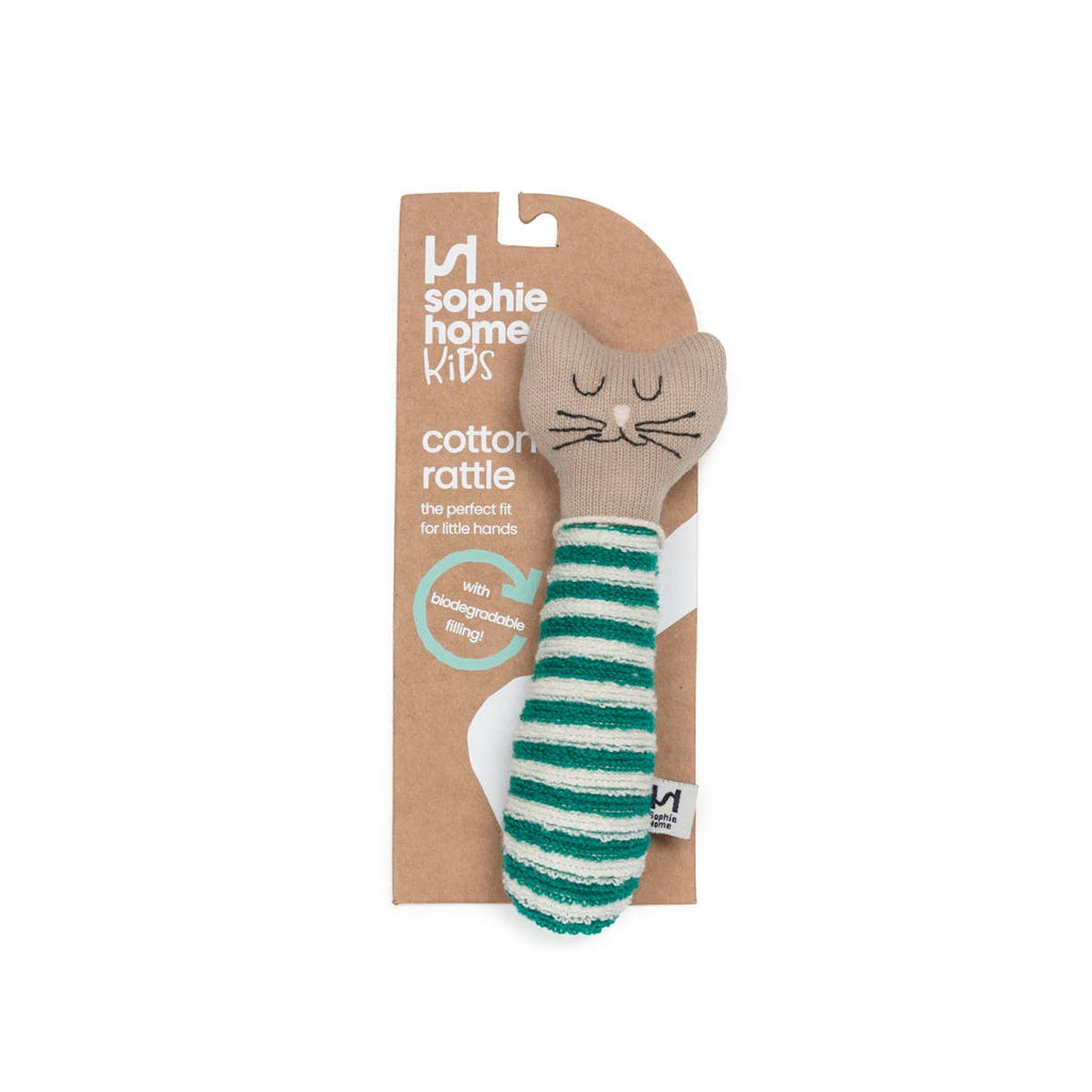 Sophie Home green striped rattle baby toy in recyclable packaging on a white background.