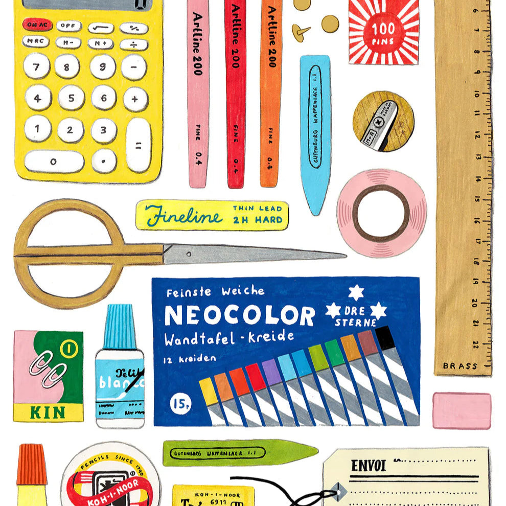 Illustration collection of stationery items including a calculator, pens, scissors, and other office supplies.