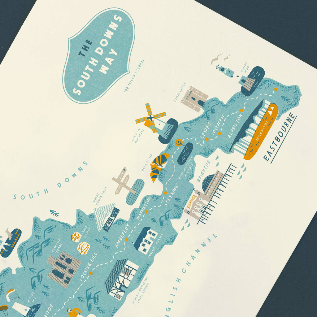 Illustrated map of the South Downs Way with landmarks and text on a beige background