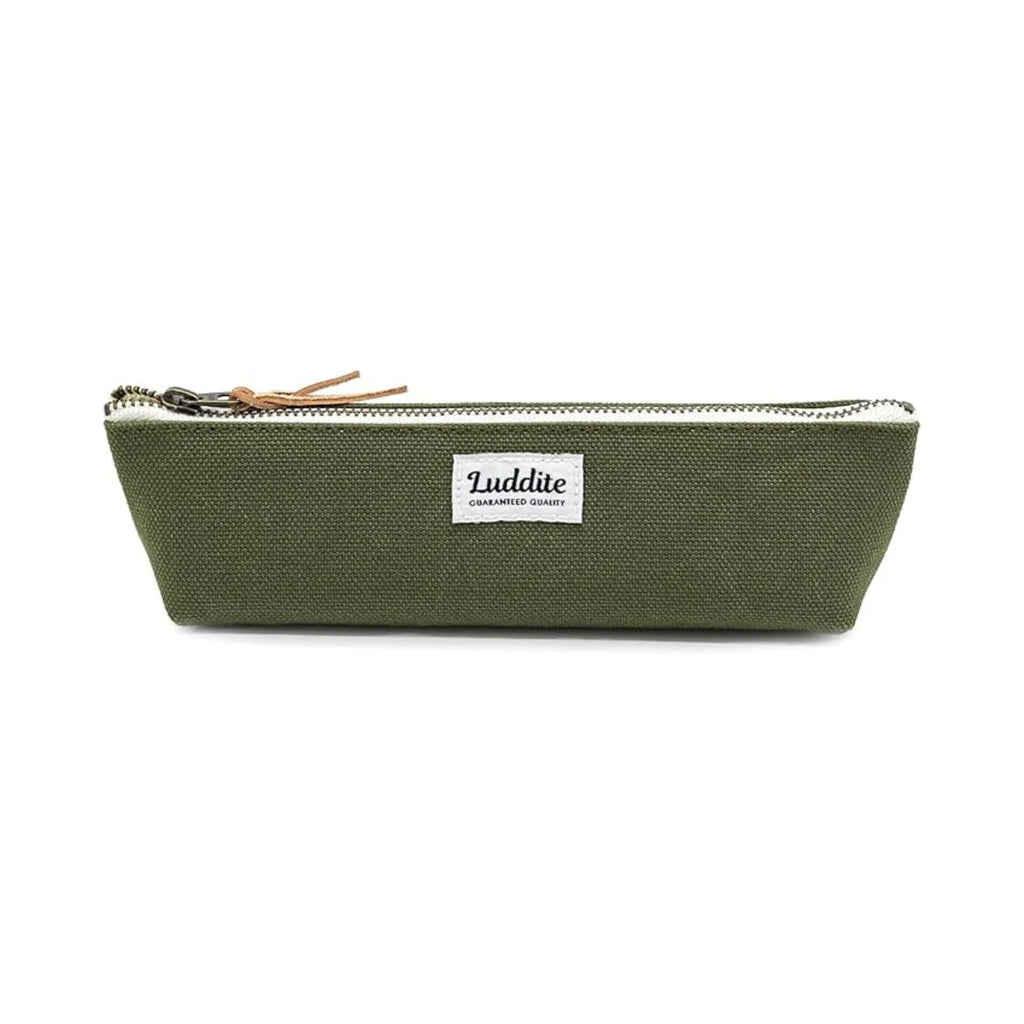 Green khaki pencil case with a visible Luddite label on a white background