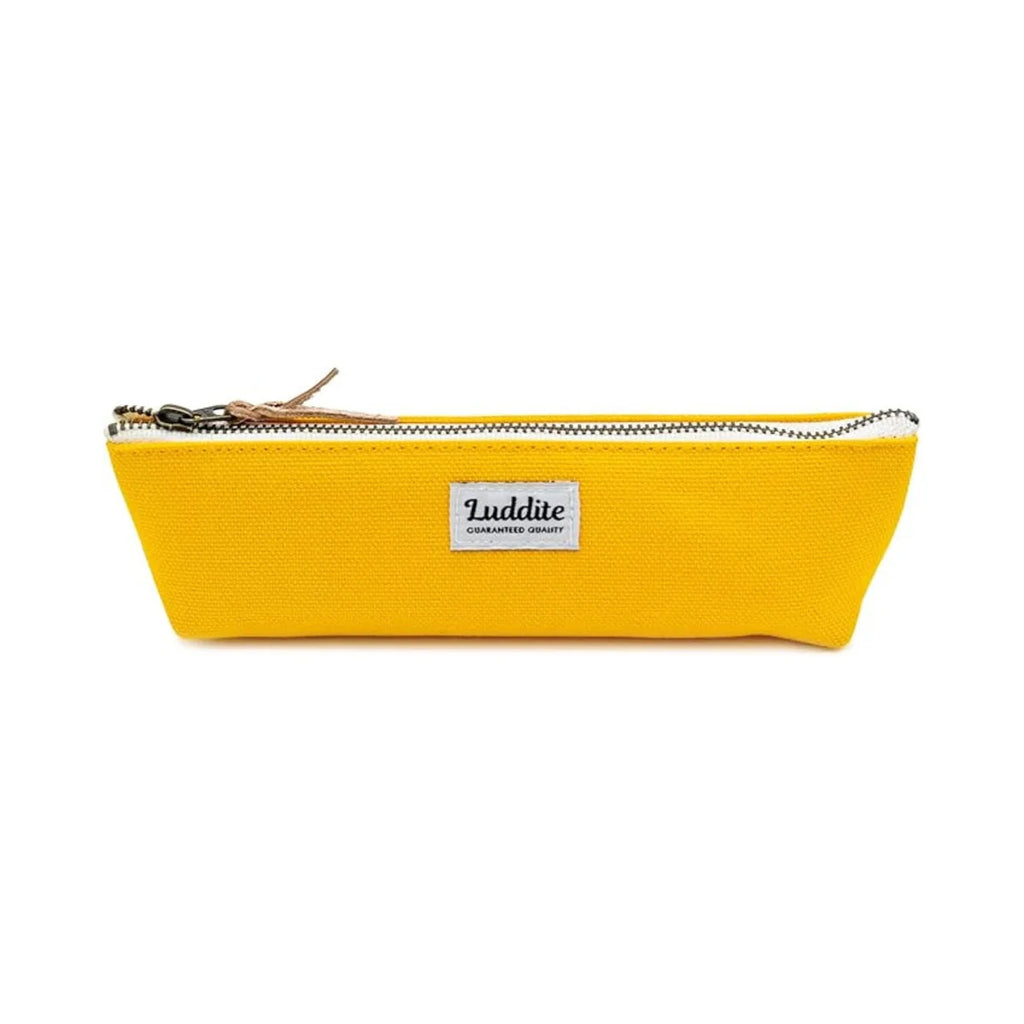 Yellow pencil case with a visible Luddite label on a white background