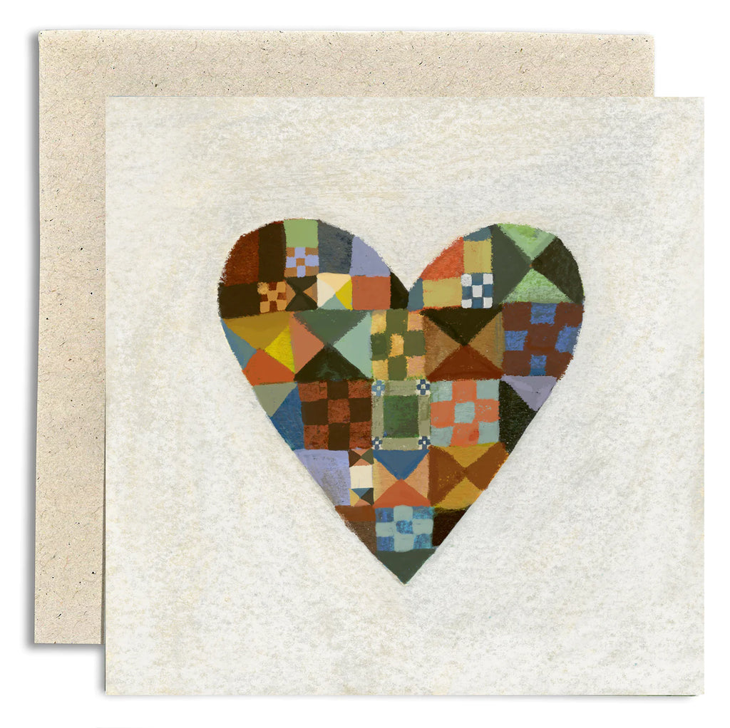 Square greetings card with a heart shaped patchwork pattern, and an accompanying cream envelope. By artist Gemma Koomen
