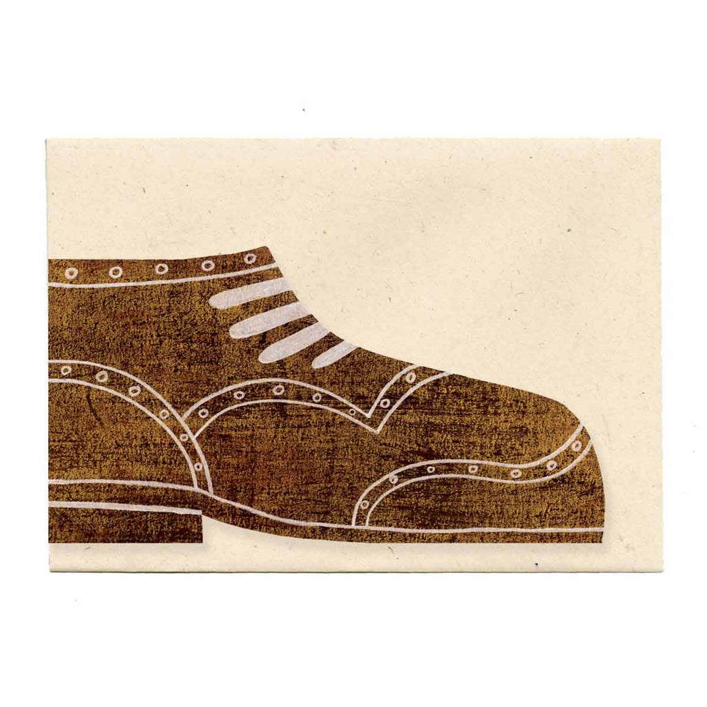 Die-cut brown shoe shaped card, by Mortlake Papers against a cream envelope.