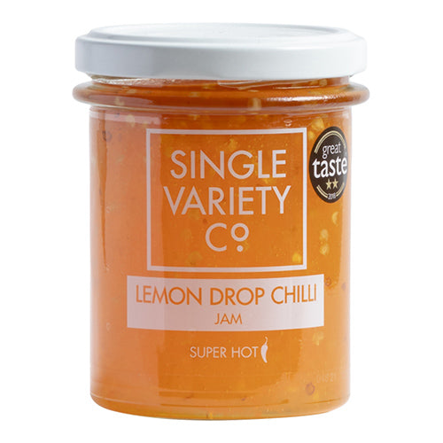 single variety co - jar of lemon drop chilli jam on white background - winter's moon
