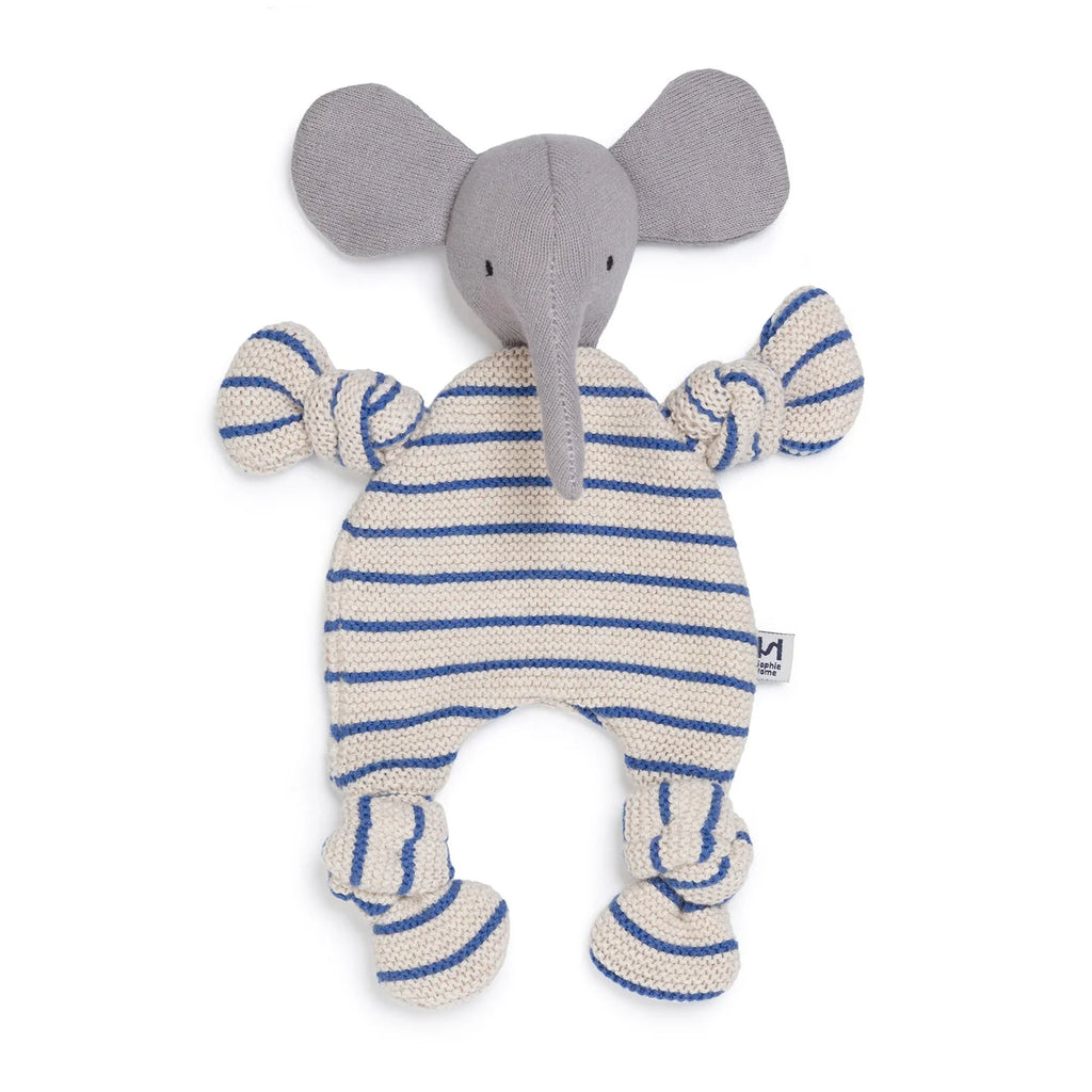 Knitted elephant toy with gray head and blue and white striped body on a white background