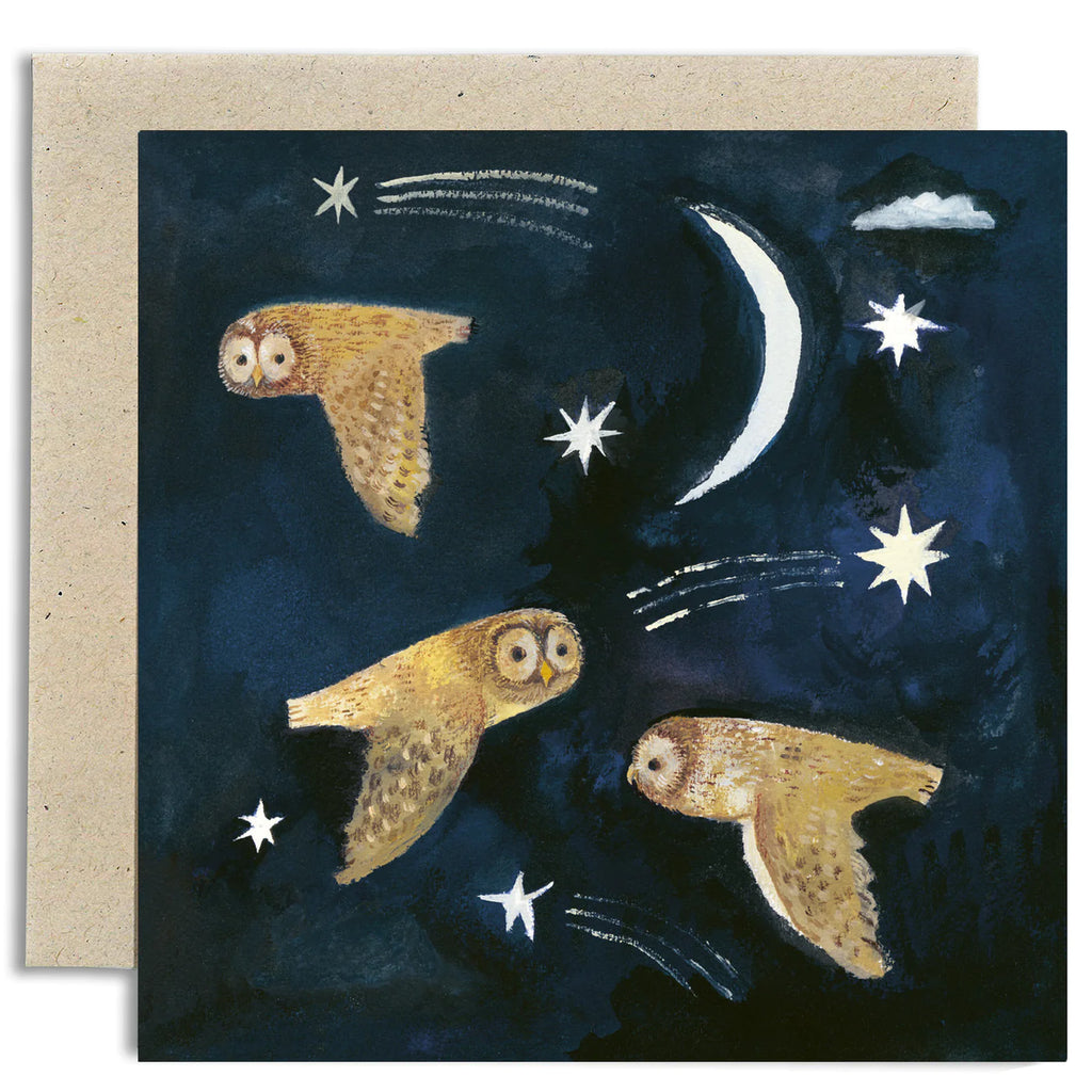 Square greetings card featuring gouache illustrations of tawny owls against a starry night sky. Greetings card by Gemma Koomen and shown with a cream envelope.