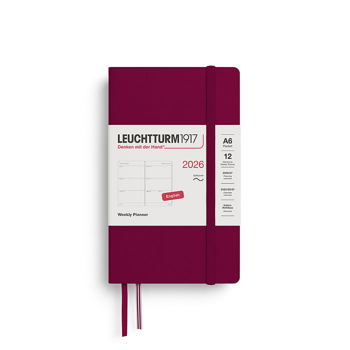 Magenta notebook with white cover displaying Leuchtturm1917 branding and 2026 planner information on a white background.