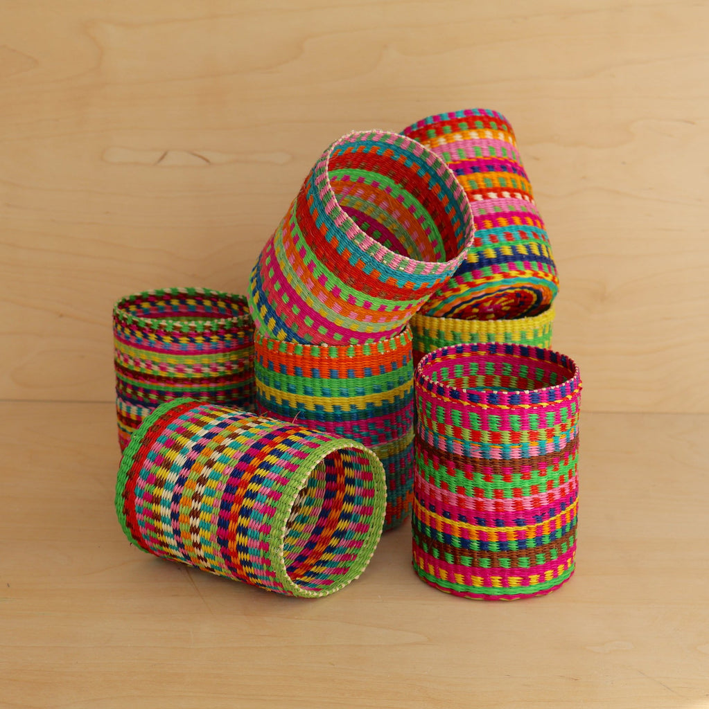 Colourful woven storage pot made in Colombia  from palm