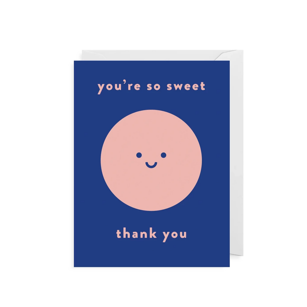 A blue mini card from Lagom Design with a smiley face and a lovely message that reads 'You're so sweet, thank you'