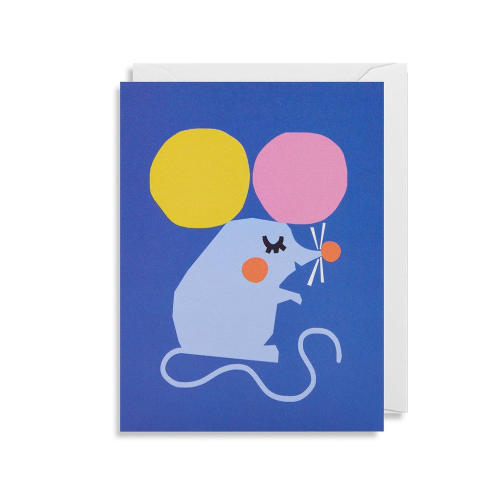 Blue mini children's card featuring a small mouse by illustrator Ekaterina Trukhan for Lagom.