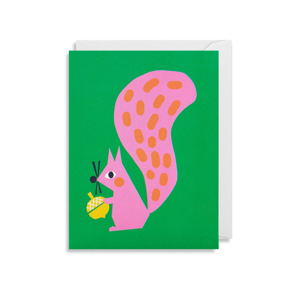 A green mini card with a colourful pink squirrel by artist Ekaterina Trukhan.