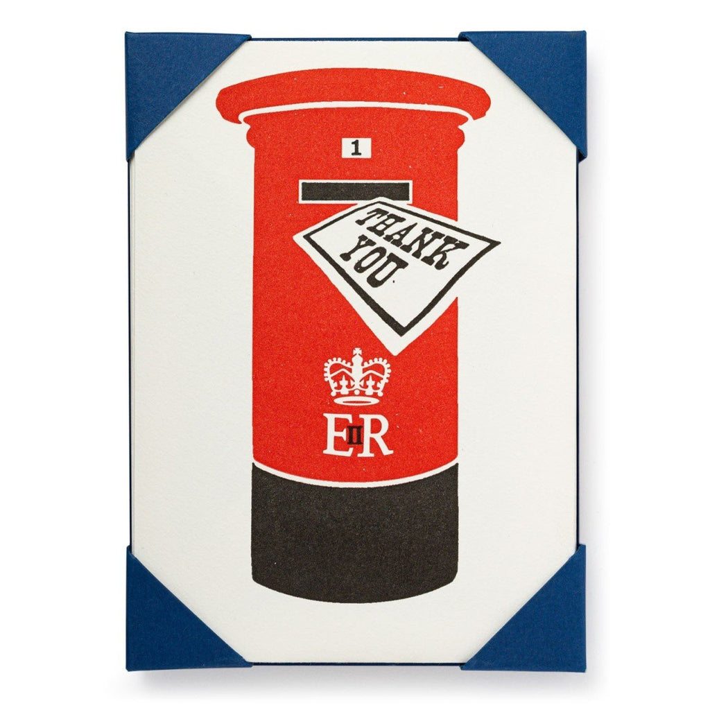 Pack of five greetings cards, featuring an iconic British red post box, with a letter which reads 'Thank You'