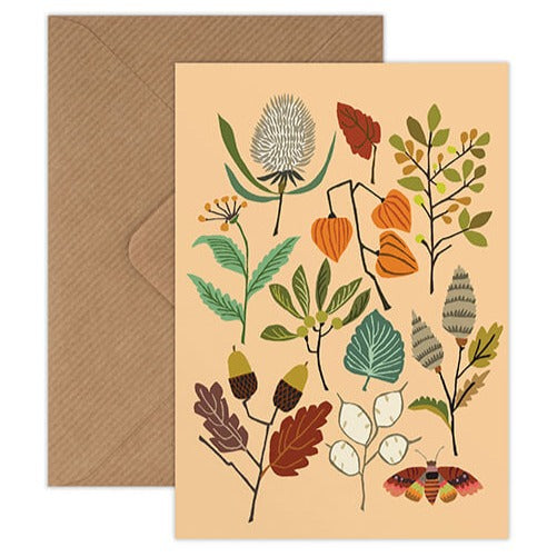 Designed by Brie Harrison in her Suffolk studio, and inspired by the botanical world, this card features acorns, leaves and illustrations of other autumnal sprigs against a cream background.