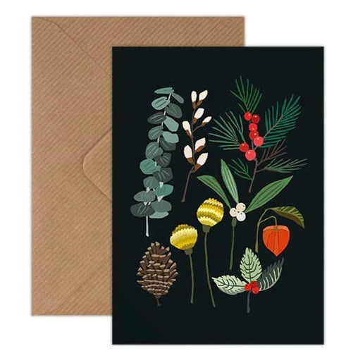 Designed by Brie Harrison in Suffolk and inspired by nature, this card features beautiful illustrations of winter berries on a black background. Shown with a brown kraft envelope.