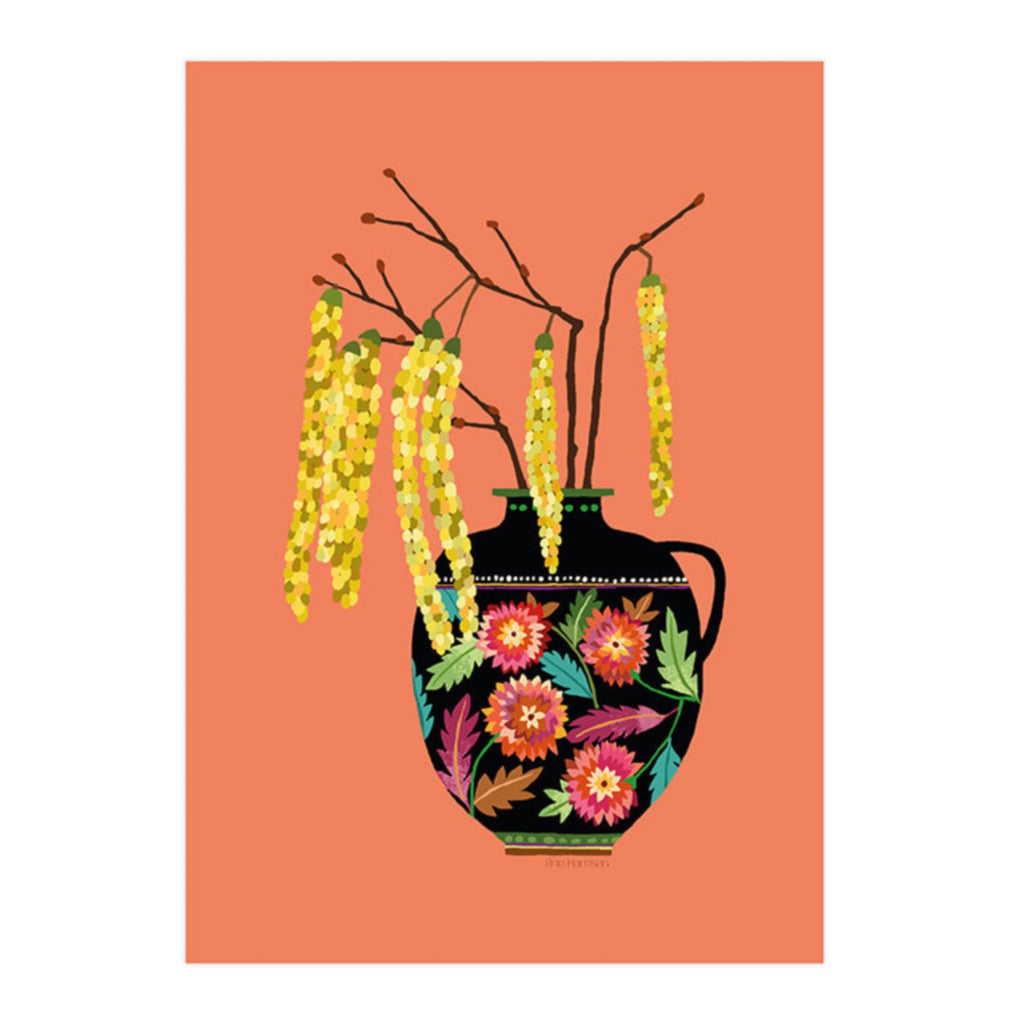 Catkins illustrated art print, on a coral coloured background.