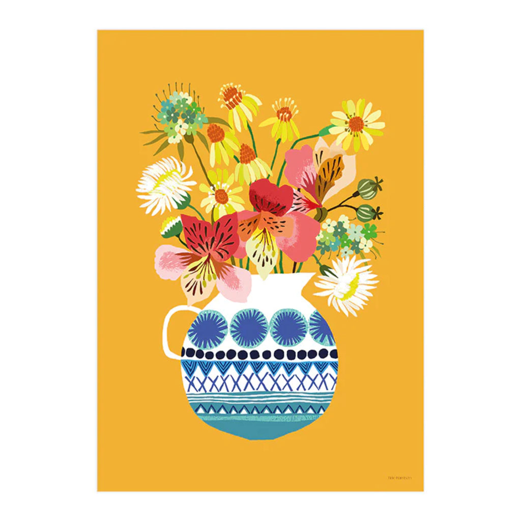 Digital illustration art print, designed by Brie Harrison featuring colourful festival flower stems in a blue and white decorative vase on a bright, orange background.