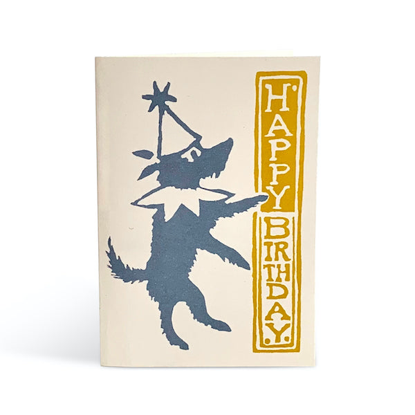 A birthday card with a playfully illustrated dancing dog by Cambridge Imprint.