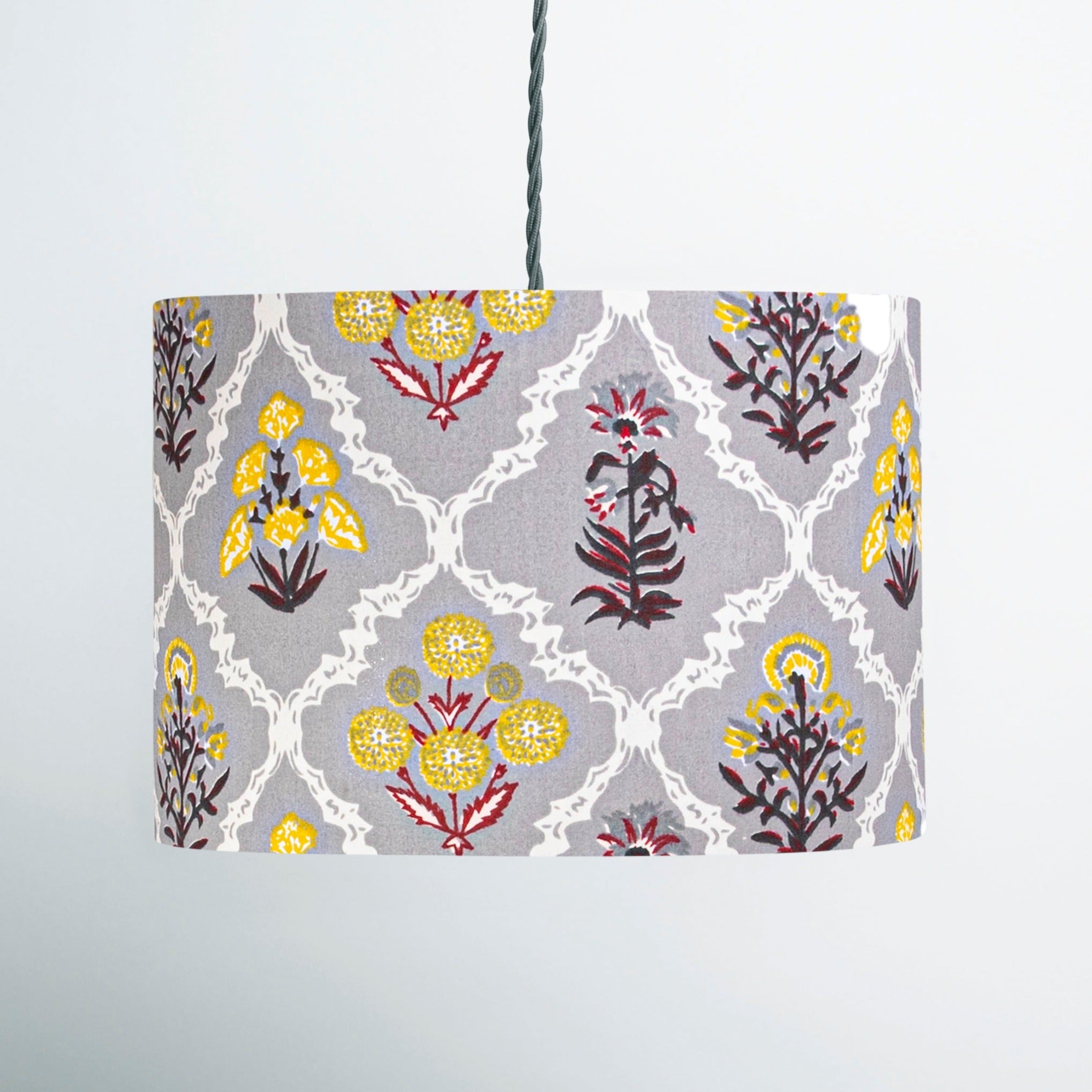 Grey Trellis Block-Print Fabric Lampshade - Winter's Moon 