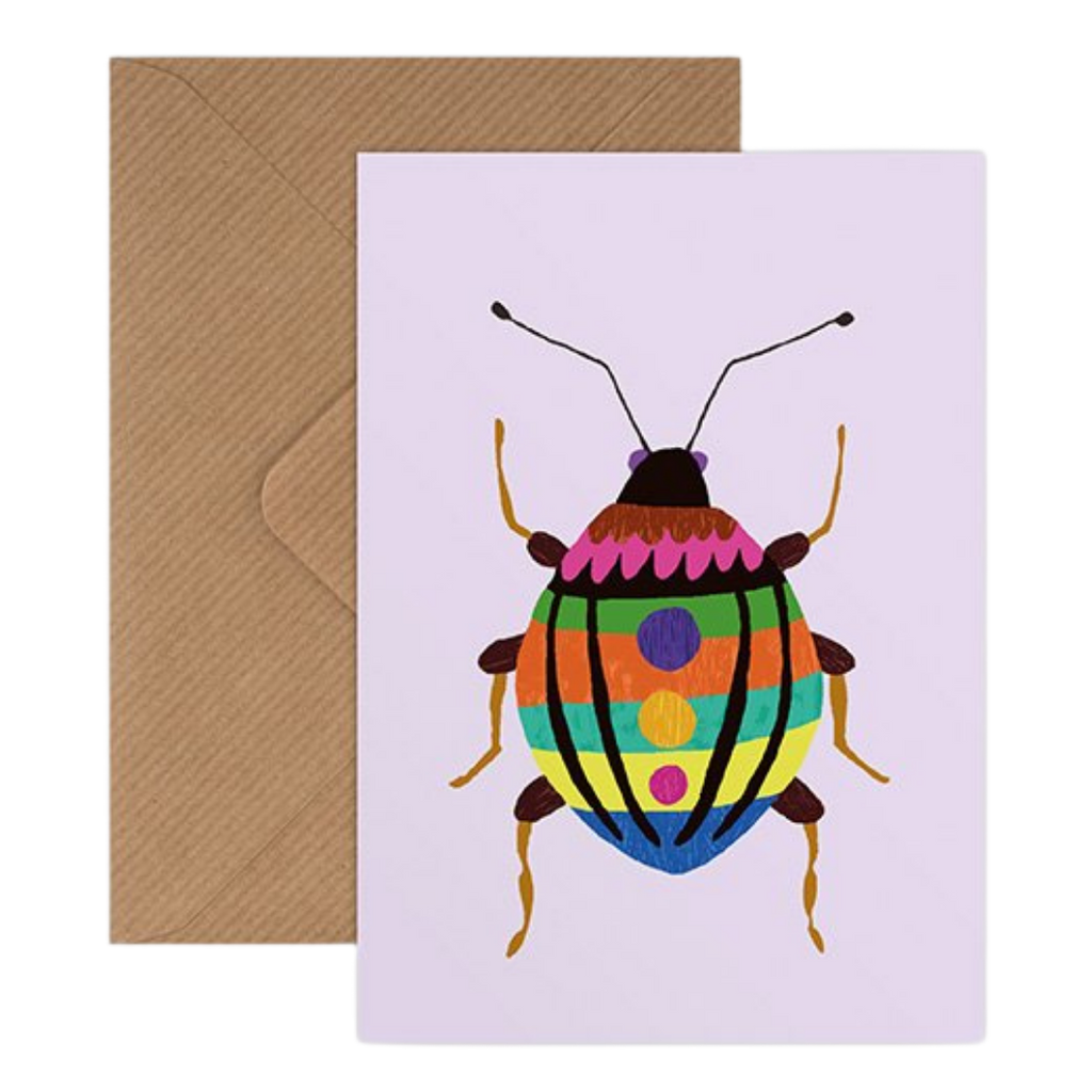 A colourful beetle illustrated card, on a purple background, with a kraft brown envelope.