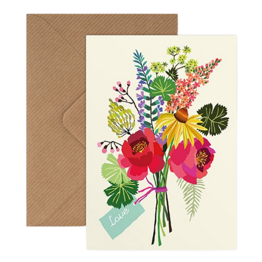 Greetings card, which features a beautiful illustrated floral bouquet, with a tag that reads 'With Love'
