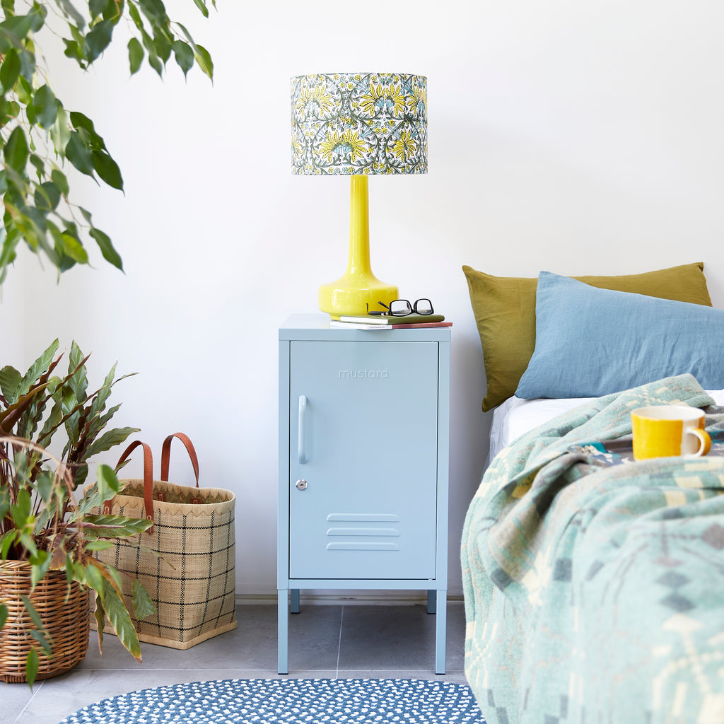yellow table lamp with block printed shade