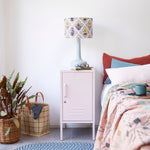 grey table lamp with block printed lampshade