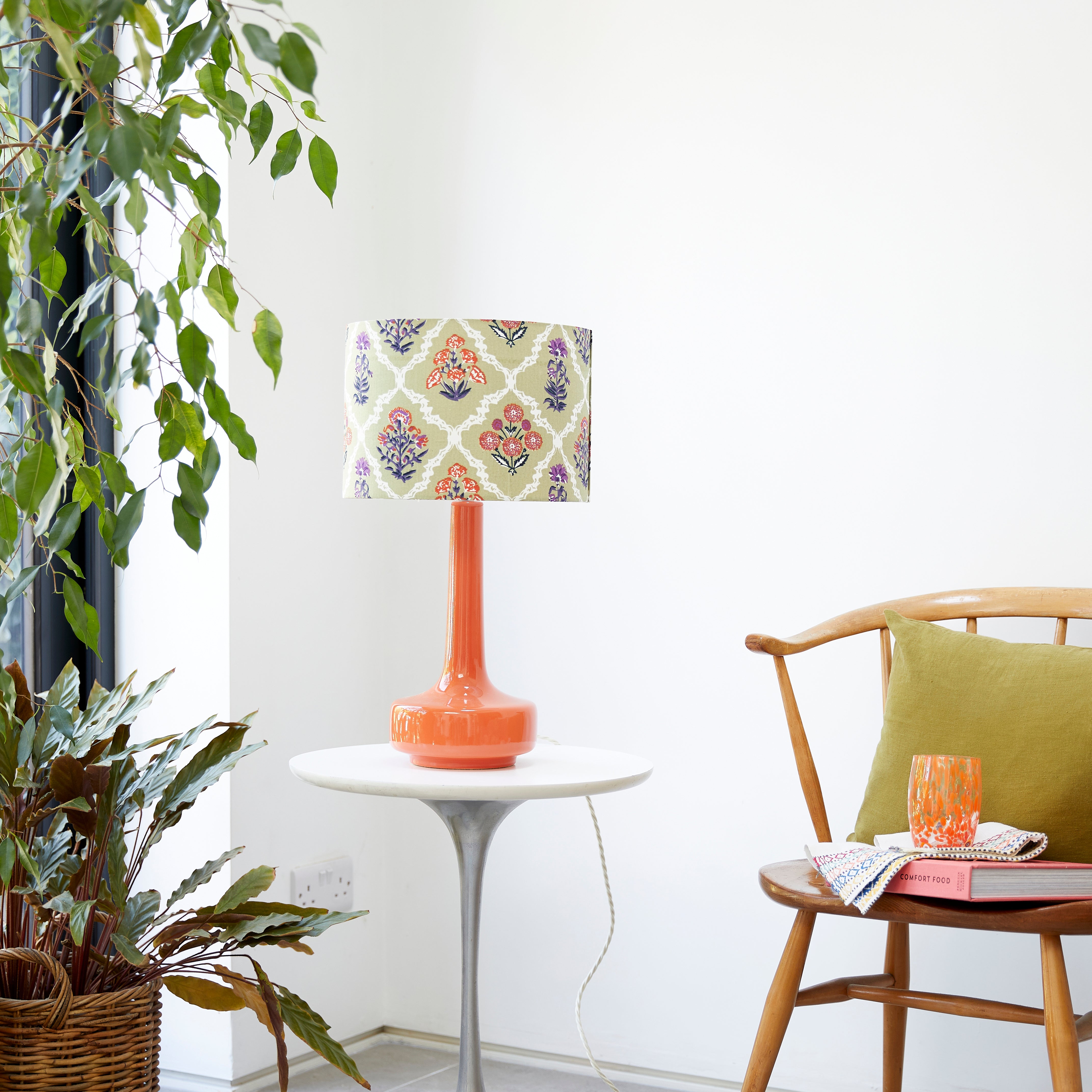 orange table lamp with block printed shade