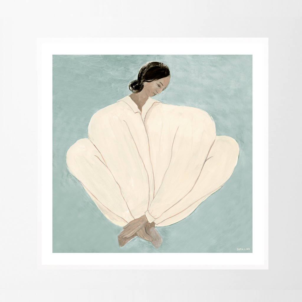 meet me at jaures print of woman on blue background by Sofia Lind