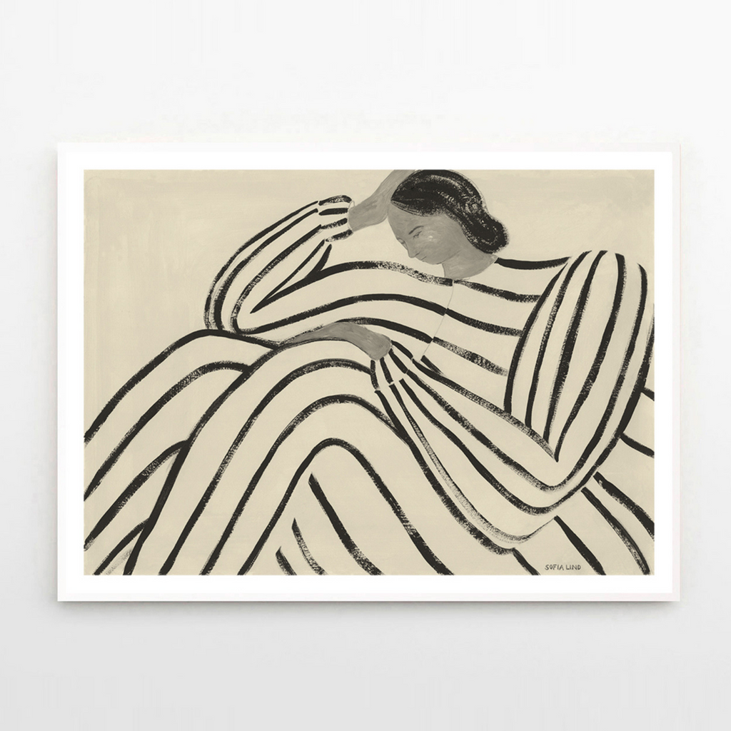 monochrome art print of lady in striped dress