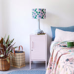 grey table lamp with grey block printed lampshade