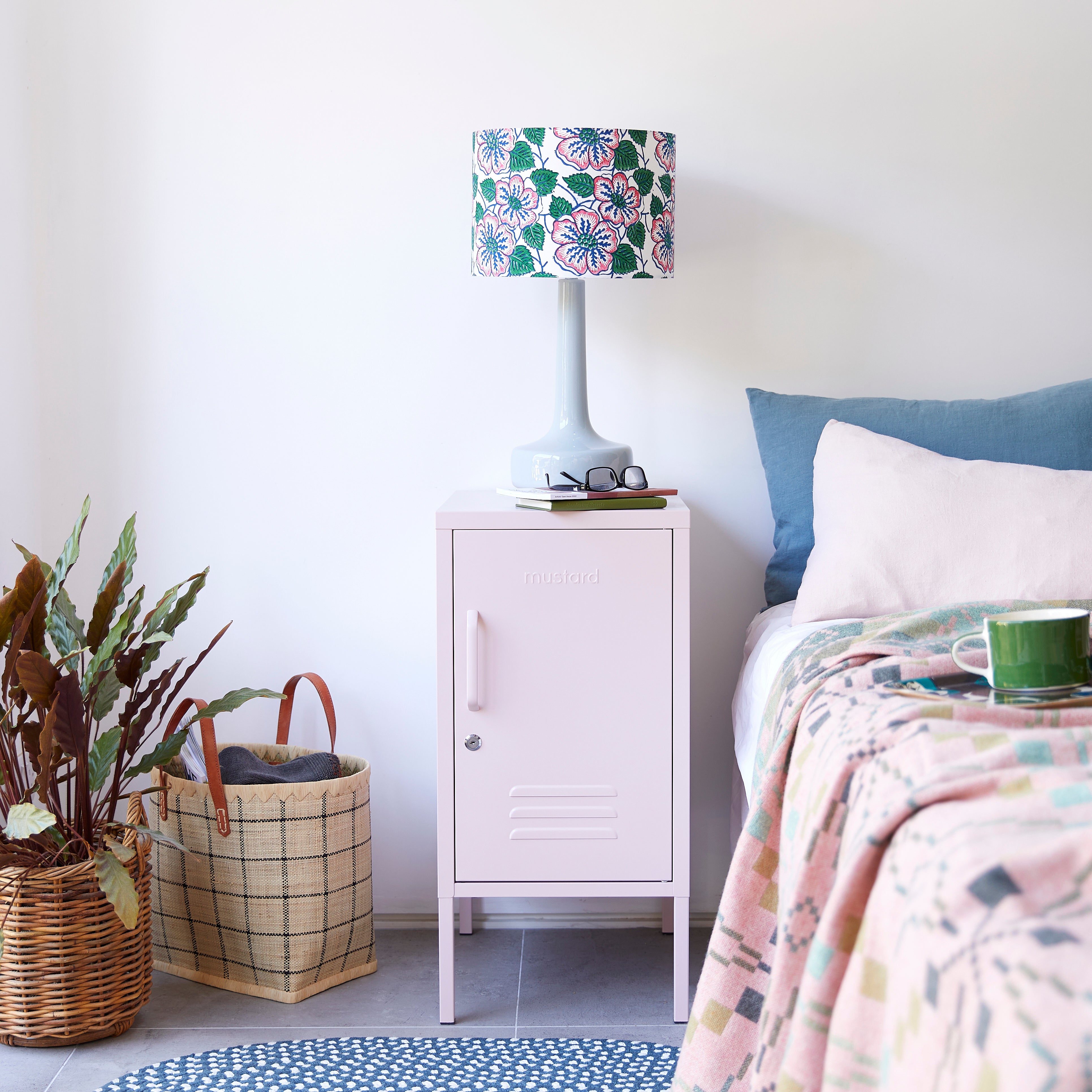 grey table lamp with grey block printed lampshade